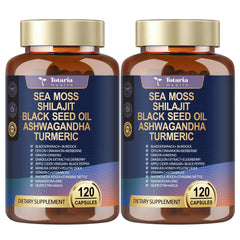 Totaria sea moss capsules bottle front, two-bottle set for daily wellness support.