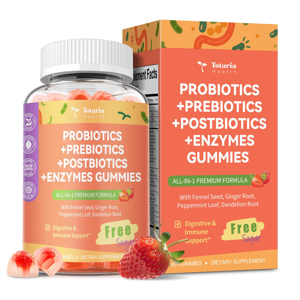 Totaria Sugar Free 5-in-1 gummies bottle with strawberry flavor for daily gut support