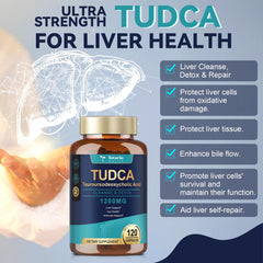 Totaria Tudca 1200mg capsules closeup, easy-to-swallow design