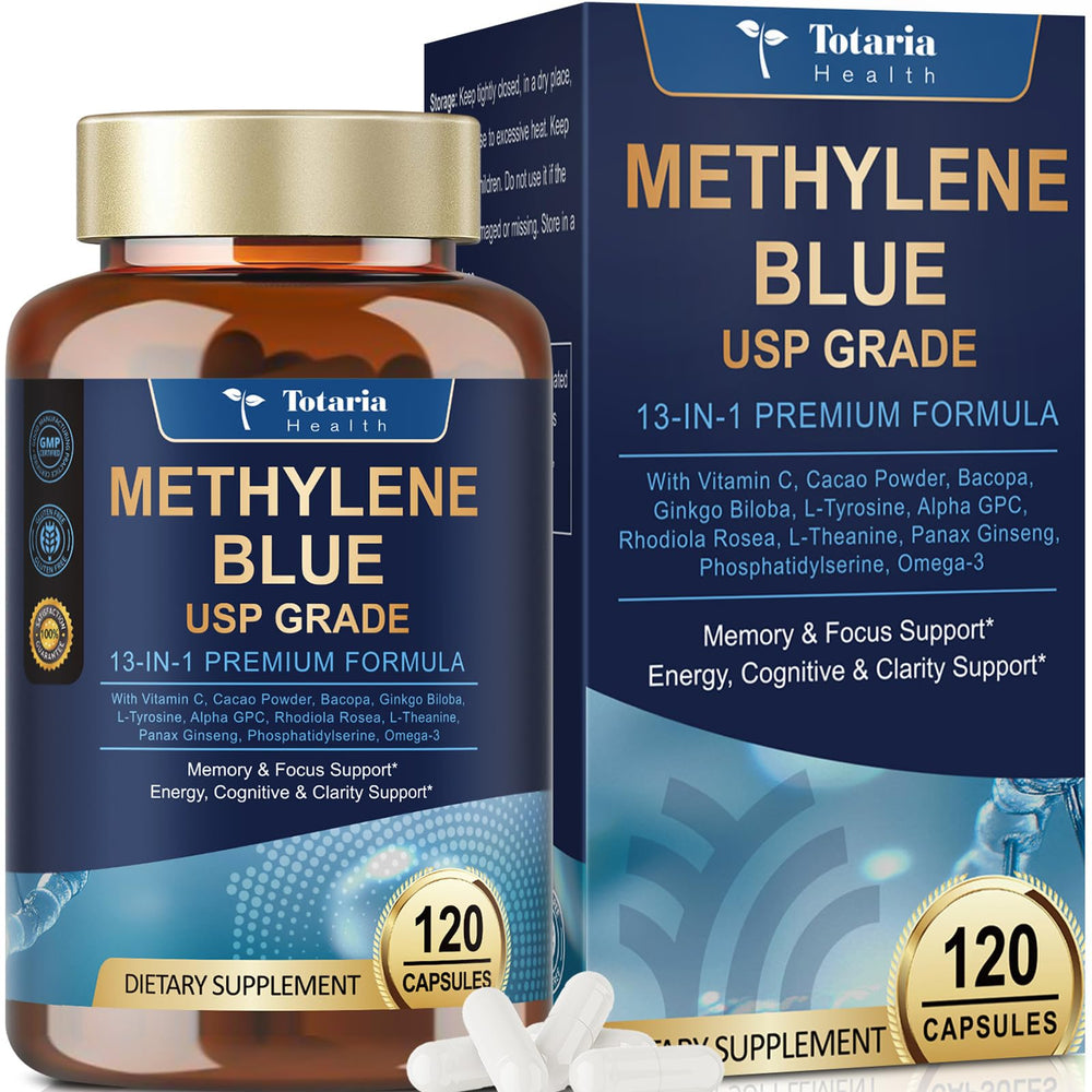 Totaria USP Methylene Blue bottle showing brain-boosting capsules for focus and memory