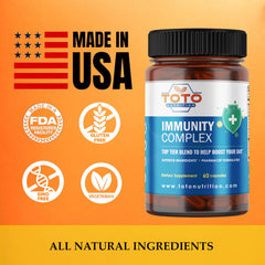 Product label on TotoNutrition Immunity Support Booster bottle emphasizing purity and non-GMO