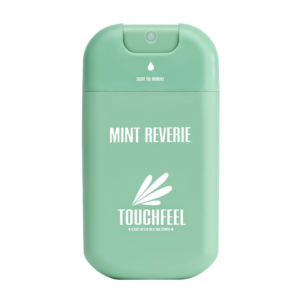 TOUCHFEEL Mint Reverie spray bottle close-up, travel-friendly hand sanitizer for on-the-go freshness.