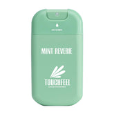 TOUCHFEEL Mint Reverie spray bottle close-up, travel-friendly hand sanitizer for on-the-go freshness.