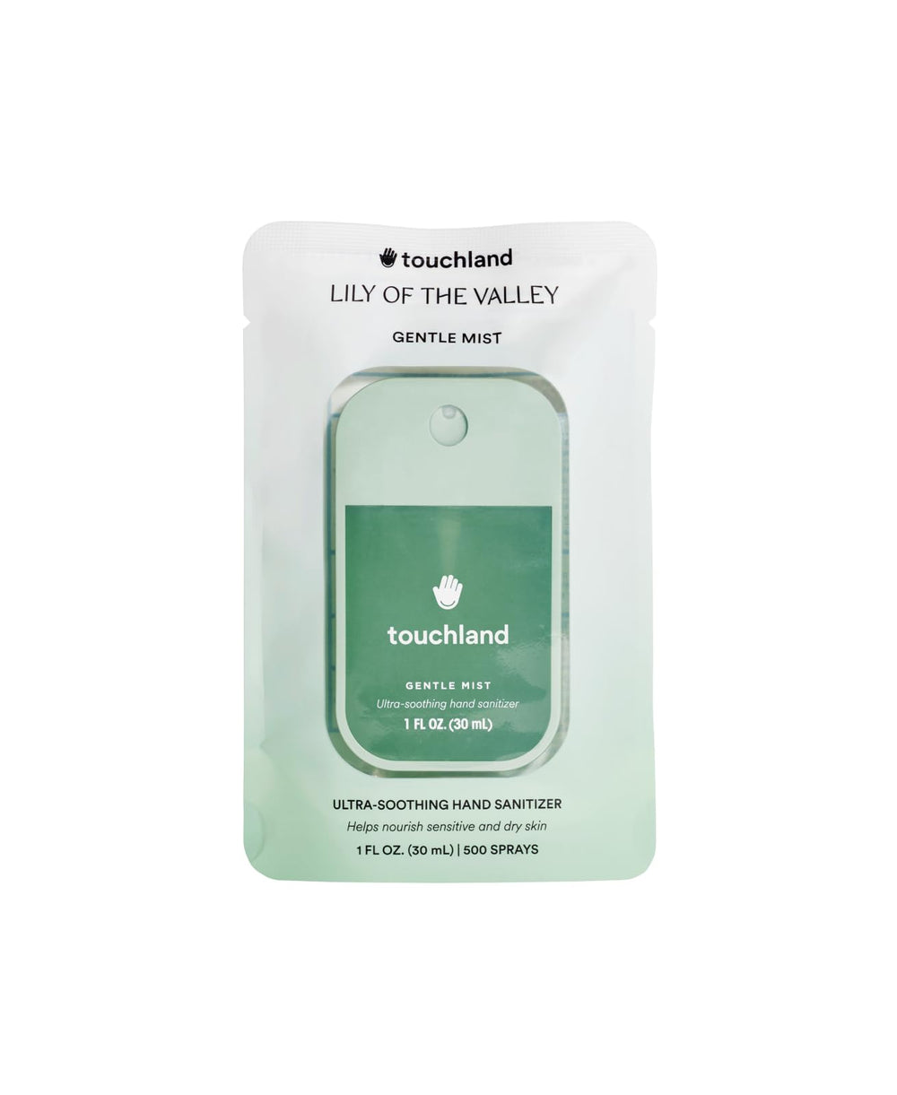 Touchland Gentle Mist bottle at an angle showing travel-friendly design for quick sanitizing.