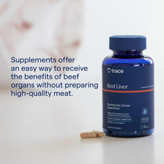 Trace Minerals Beef Liver capsules shown with serving spoon for easy daily use.