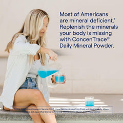 Powder being poured into a glass of water with Trace Minerals ConcenTrace
