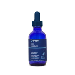 Trace Minerals Ionic Calcium bottle front shows vegan, gluten-free supplement for bone health.