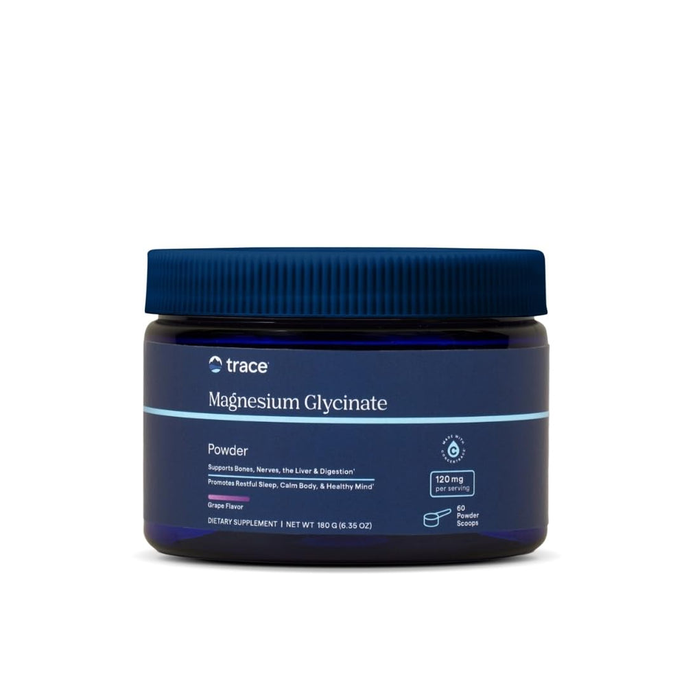 Trace Minerals Magnesium Glycinate Powder bottle with scoop for restful sleep support.