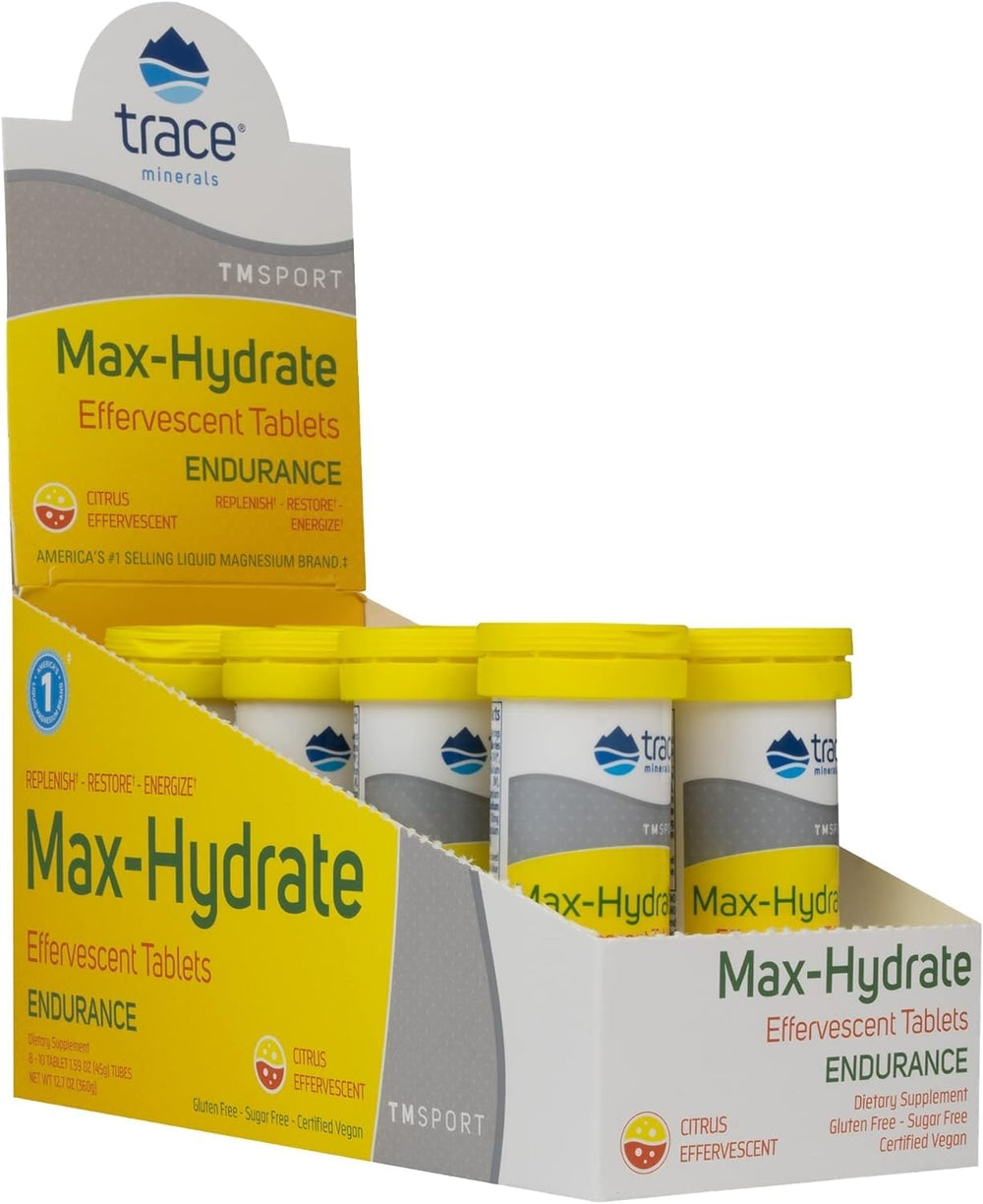 Trace Minerals Max-Hydrate Endurance tablet dissolving in water for hydration support.