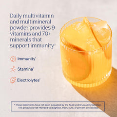 Trace Minerals Power Pak Orange Blast canister on a counter for convenient daily vitamins.