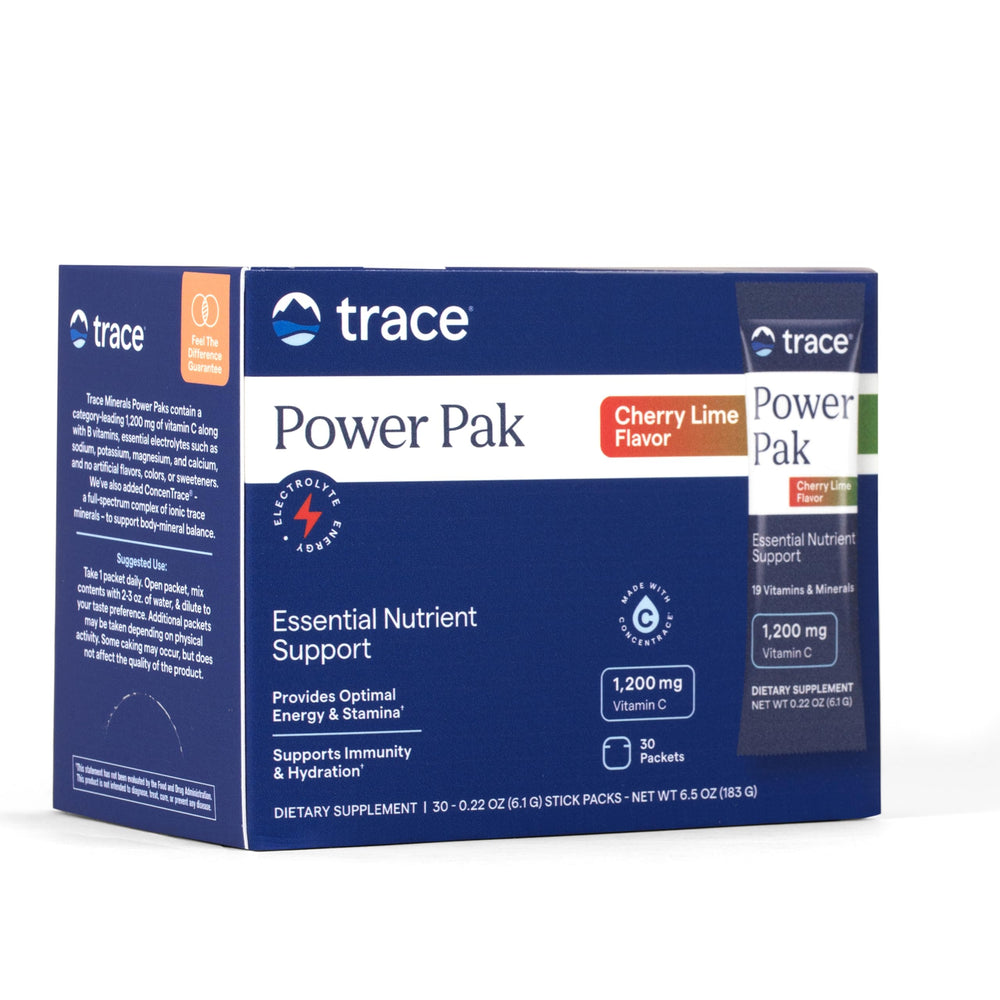 Trace Minerals Power Pak packet closeup, convenient daily multivitamin on-the-go.