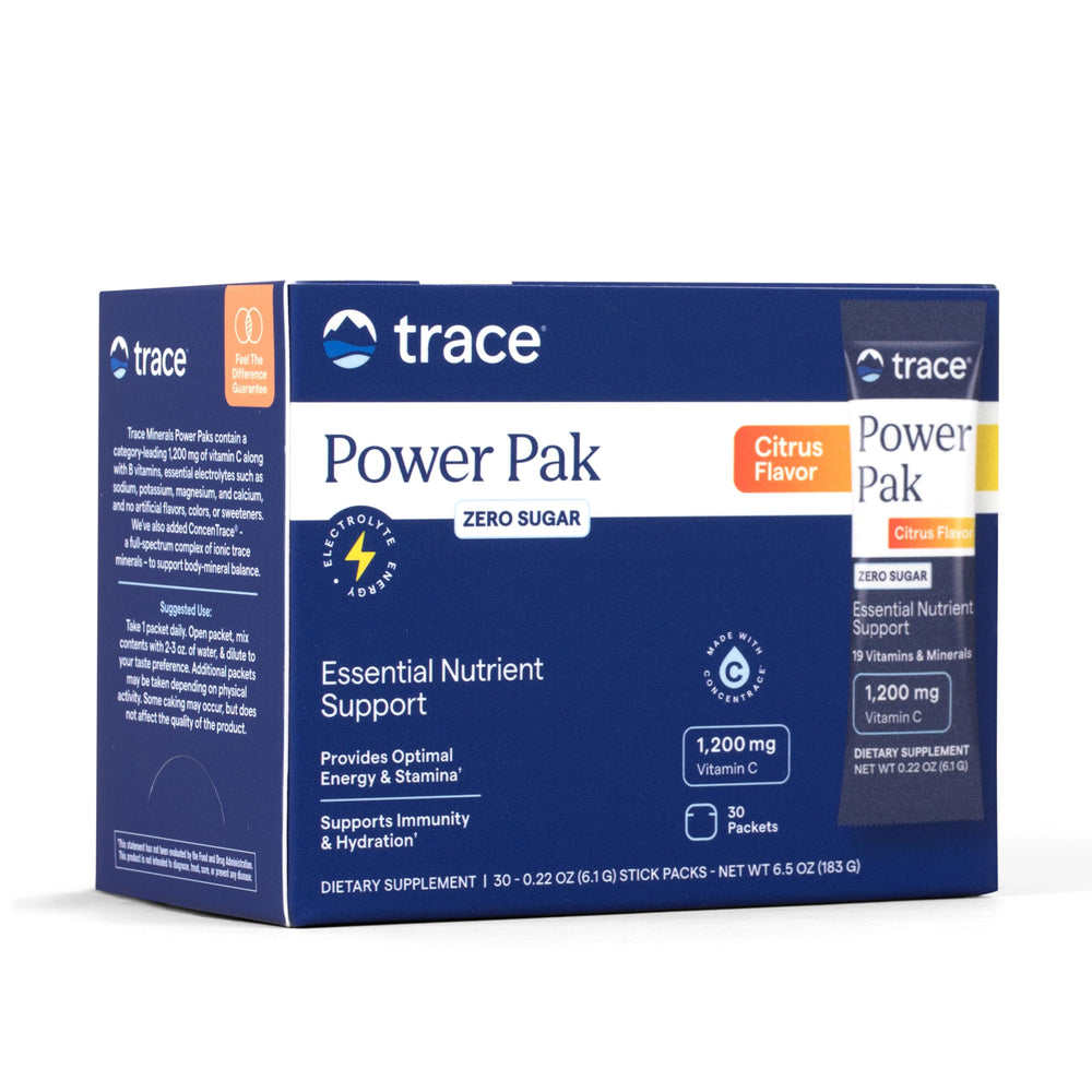 Trace Minerals Power Pak packet label highlights 70+ minerals for daily wellness