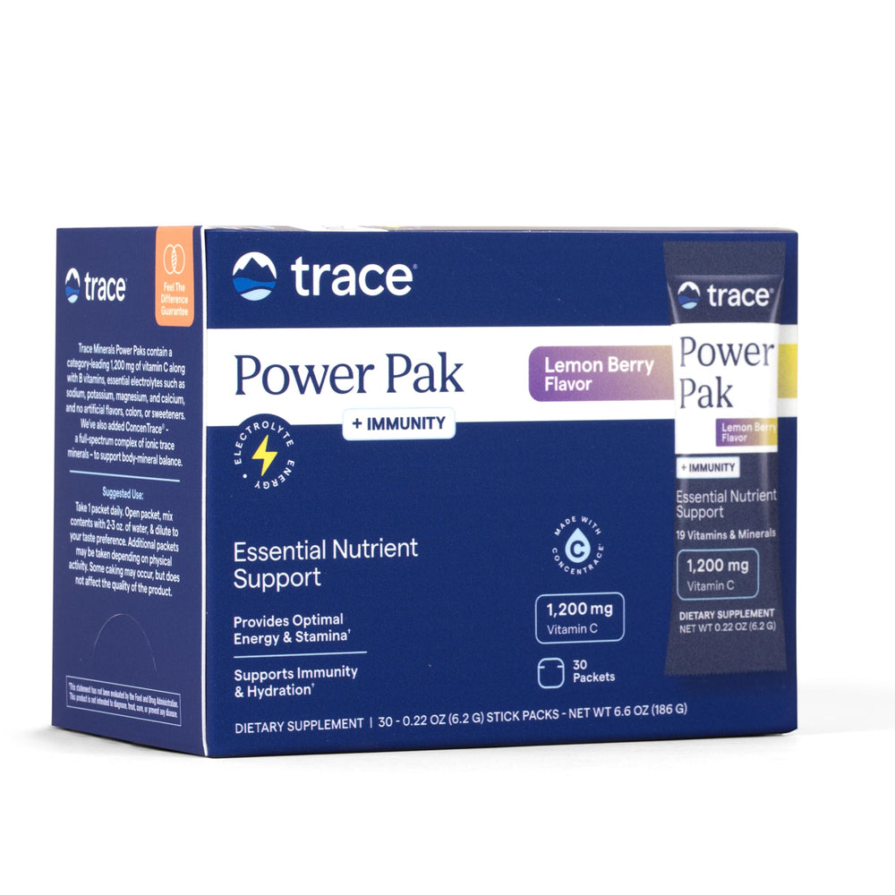 Trace Minerals Power Pak packets in lemon-berry flavor for on-the-go daily immunity support.