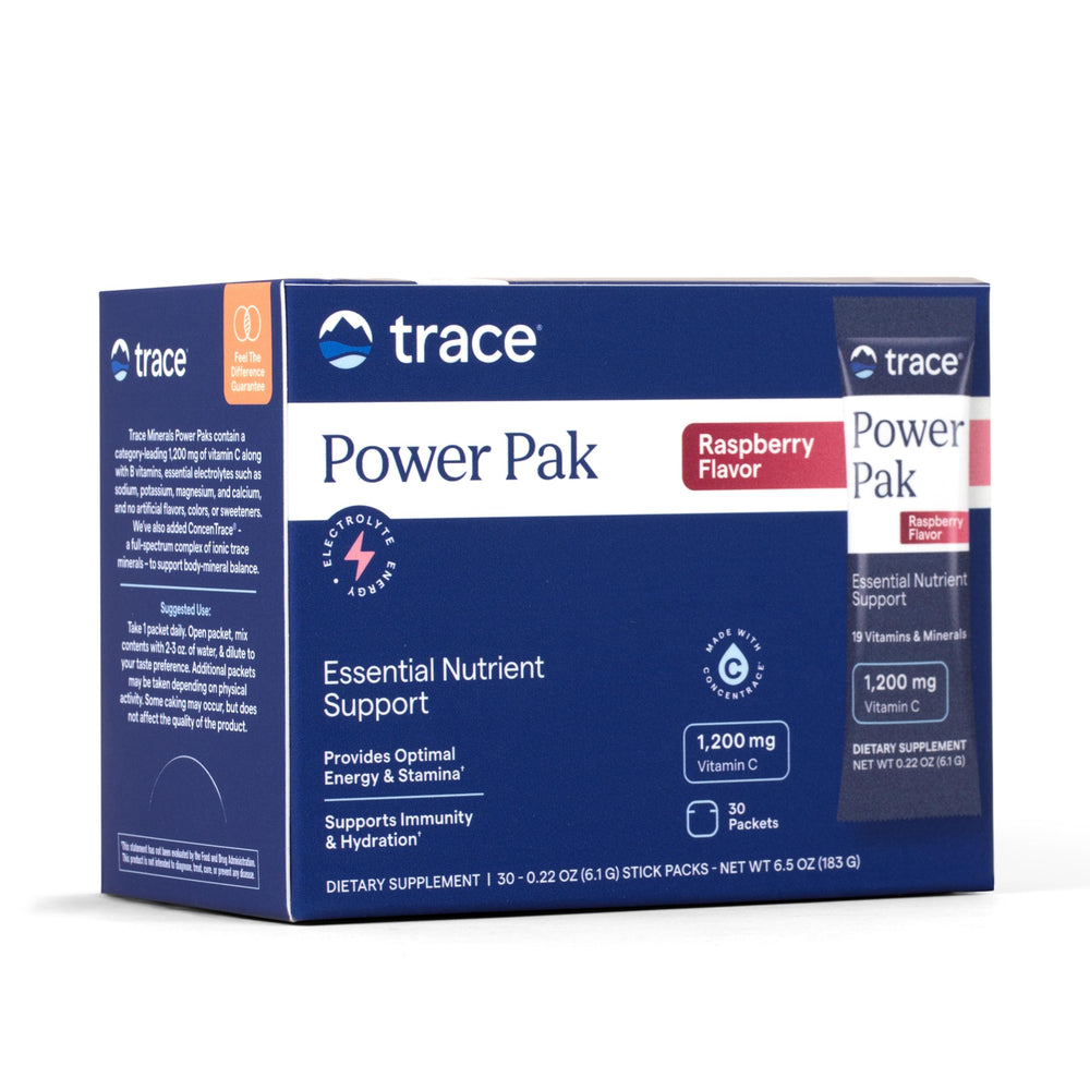 Trace Minerals Power Pak raspberry packet ready to mix for daily mineral support.