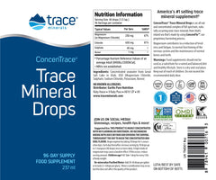 Trace Minerals Concentrace drops dispense over water, illustrating easy integration into daily hydration routines.