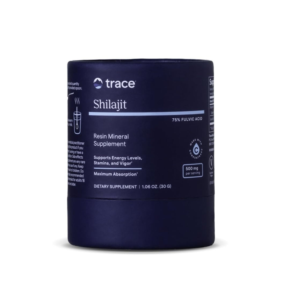 Trace Minerals Shilajit Resin bottle closeup showing premium Himalayan resin for daily vitality.