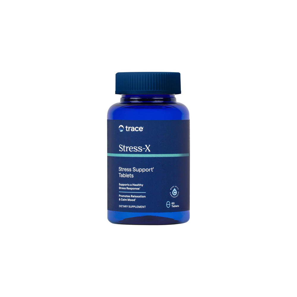 Trace Minerals Stress-X relaxation bottle pour supports a calming nightly routine.