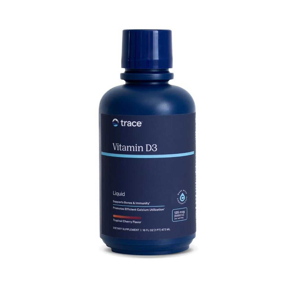 Trace Minerals Vitamin D3 bottle on counter supporting bone health as part of daily routine.