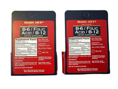 Two-bottle Trader Joe's B-6 Folic Acid B-12 packaging ideal for travel.