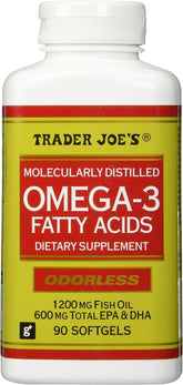 Trader Joe's Omega-3 softgels pack showing a 90-count bottle for daily use.