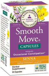 Traditional Medicinals Smooth Move Senna bottle with 50 capsules for occasional digestive support.