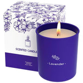 TranquilBliss lavender candle in 8 oz purple jar for soothing room aroma.