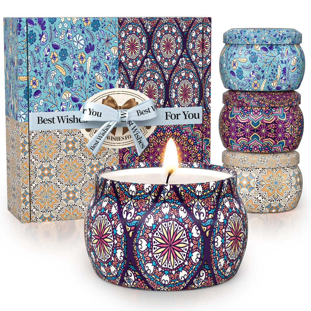 TranquilBliss scented candle set front view with four long-lasting soy candles for cozy evenings
