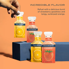 Transcend Strawberry flavor gel pack showcasing fruity taste and steady energy.