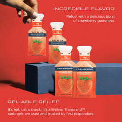 Opened Transcend Strawberry Gel pack showing convenient tear for fast consumption