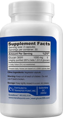 Close-up of Transfer Point beta glucan capsules highlighting easy-to-swallow 500 mg capsules.