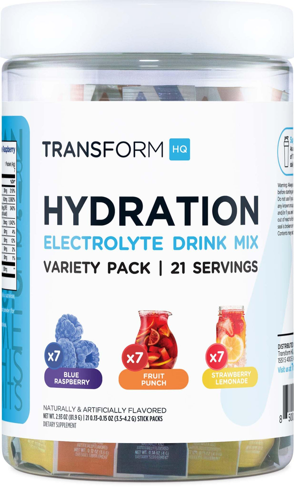 TransformHQ Electrolyte Hydration Packets blue raspberry stick for workout hydration.