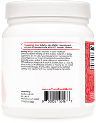 TransformHQ L-Glutamine 500g label highlighting gluten-free and non-GMO ingredients.