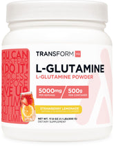 TransformHQ L-Glutamine powder container in Strawberry Lemonade for daily wellness support.