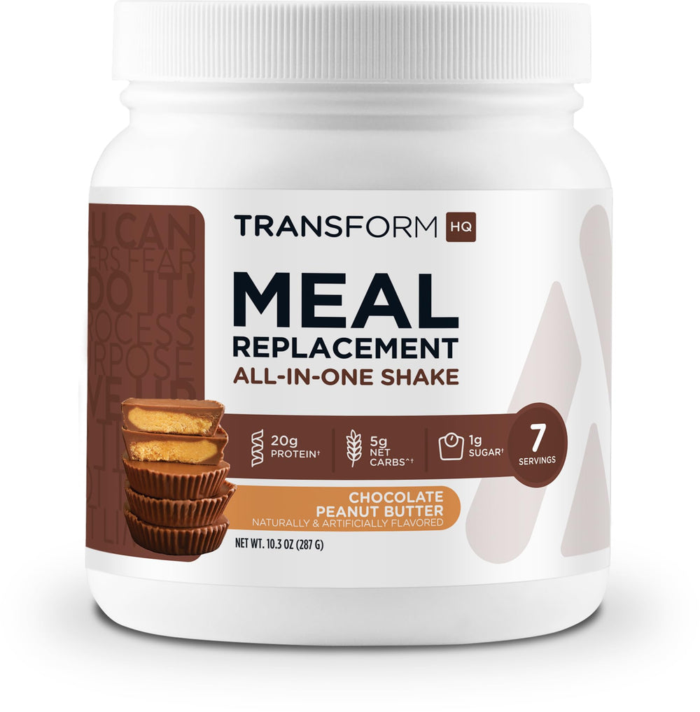 TransformHQ Meal Replacement bottle front displaying Chocolate Peanut Butter flavor for a convenient meal