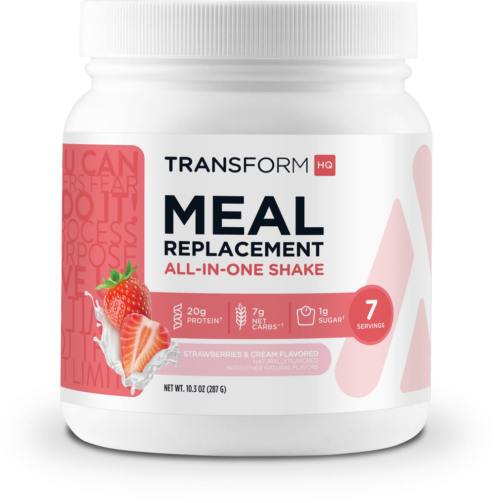 TransformHQ Strawberry & Cream bottle showing seven servings for easy planning.