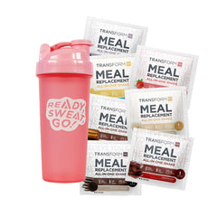 TransformHQ meal replacement variety box with pink shaker for on-the-go protein