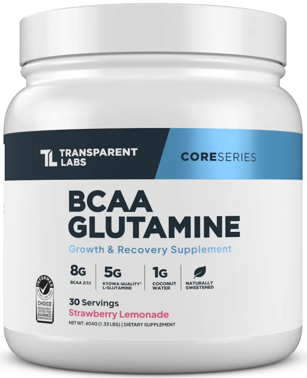 Transparent Labs BCAA Glutamine bottle front showing vegan formula for post-workout recovery