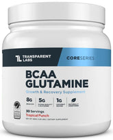 Transparent Labs BCAA Glutamine bottle shows a clean label for recovery.