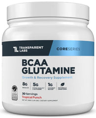 Transparent Labs BCAA Glutamine bottle shows a clean label for recovery.