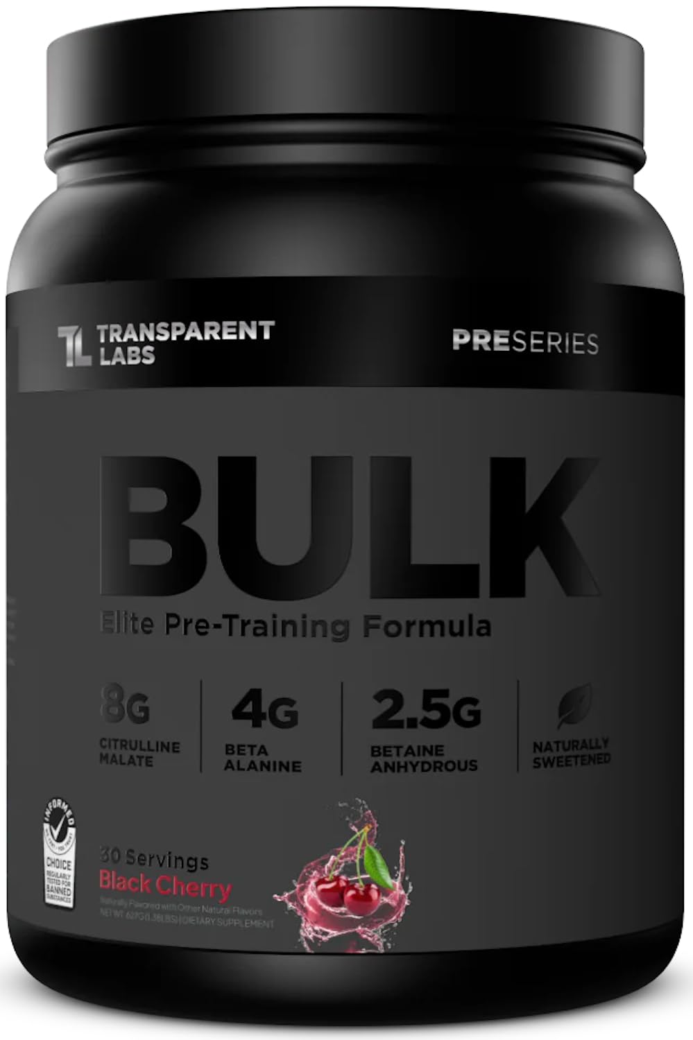 Transparent Labs Bulk Black pre-workout bottle with clear dosing label.