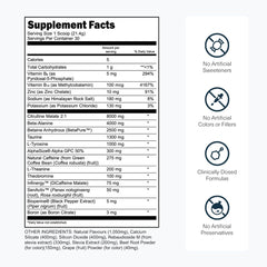 Transparent Labs Bulk Black pre-workout label highlights caffeine and amino blend.