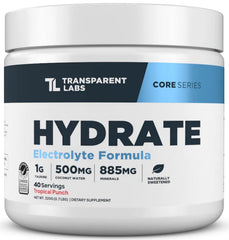 Transparent Labs Hydrate Tropical Punch bottle shown for on-the-go hydration.