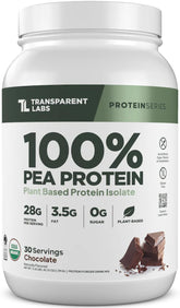 Transparent Labs pea protein powder bottle with chocolate flavor for post-workout recovery
