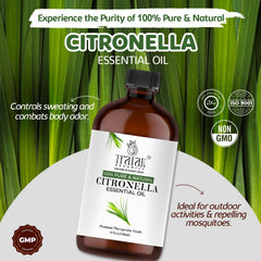 Aceite esencial TRATAK ORGANICS citronela en frasco ámbar para preservar pureza.