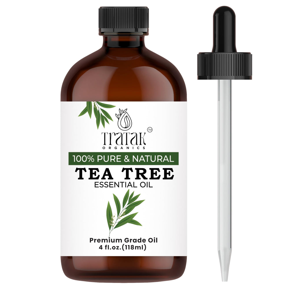 TRATAK ORGANICS Tea Tree Oil bottle with dropper for precise aromatherapy use.