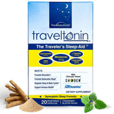 Traveltonin travel sleep‑aid bottle supports calm nights away from home.