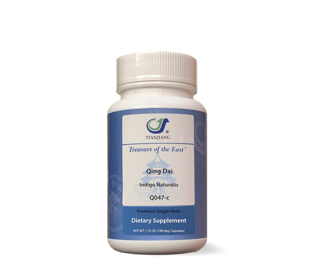 Treasure of the East Indigo Qing Dai capsules bottle for easy daily use.