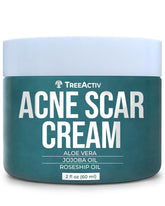 TreeActiv Acne Scar Cream bottle closeup suggesting targeted scar care for smoother skin.