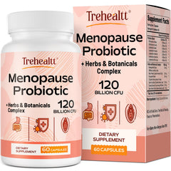 Trehealtt menopause probiotic bottle front highlighting 120B CFU for digestive support.