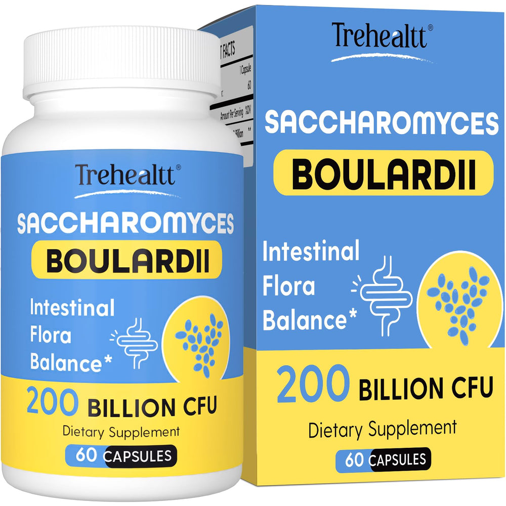 Trehealtt Saccharomyces boulardii bottle for digestive support and gut balance.